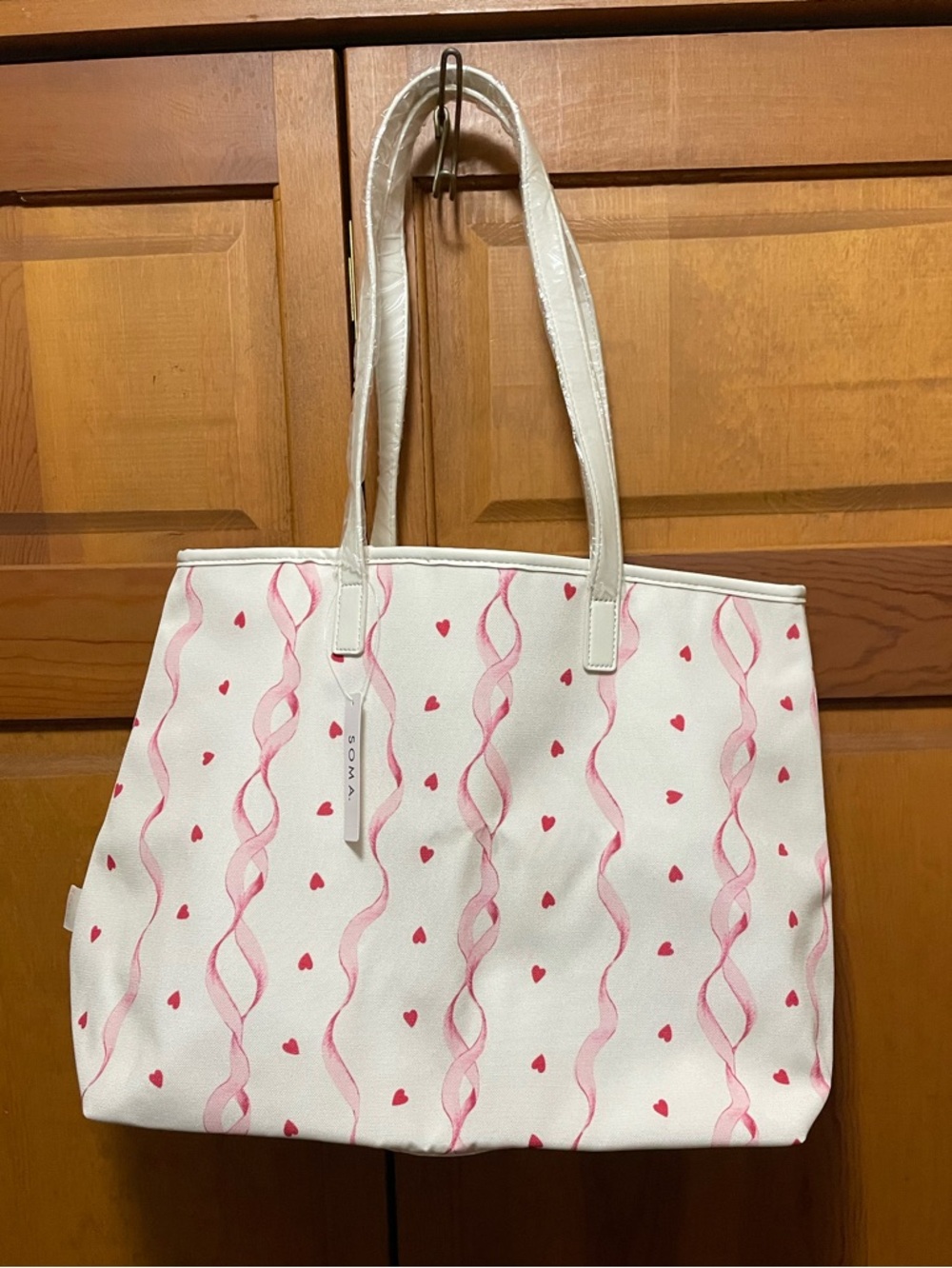 Soma White Tote with Pink Ribbon & Heart Print NWT - Picture 6 of 6